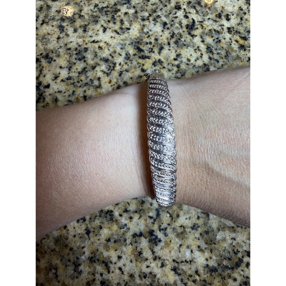 Jewelry - Silver Tone Pavé Ribbed Hinged Bangle Bracelet with Safety Clasp